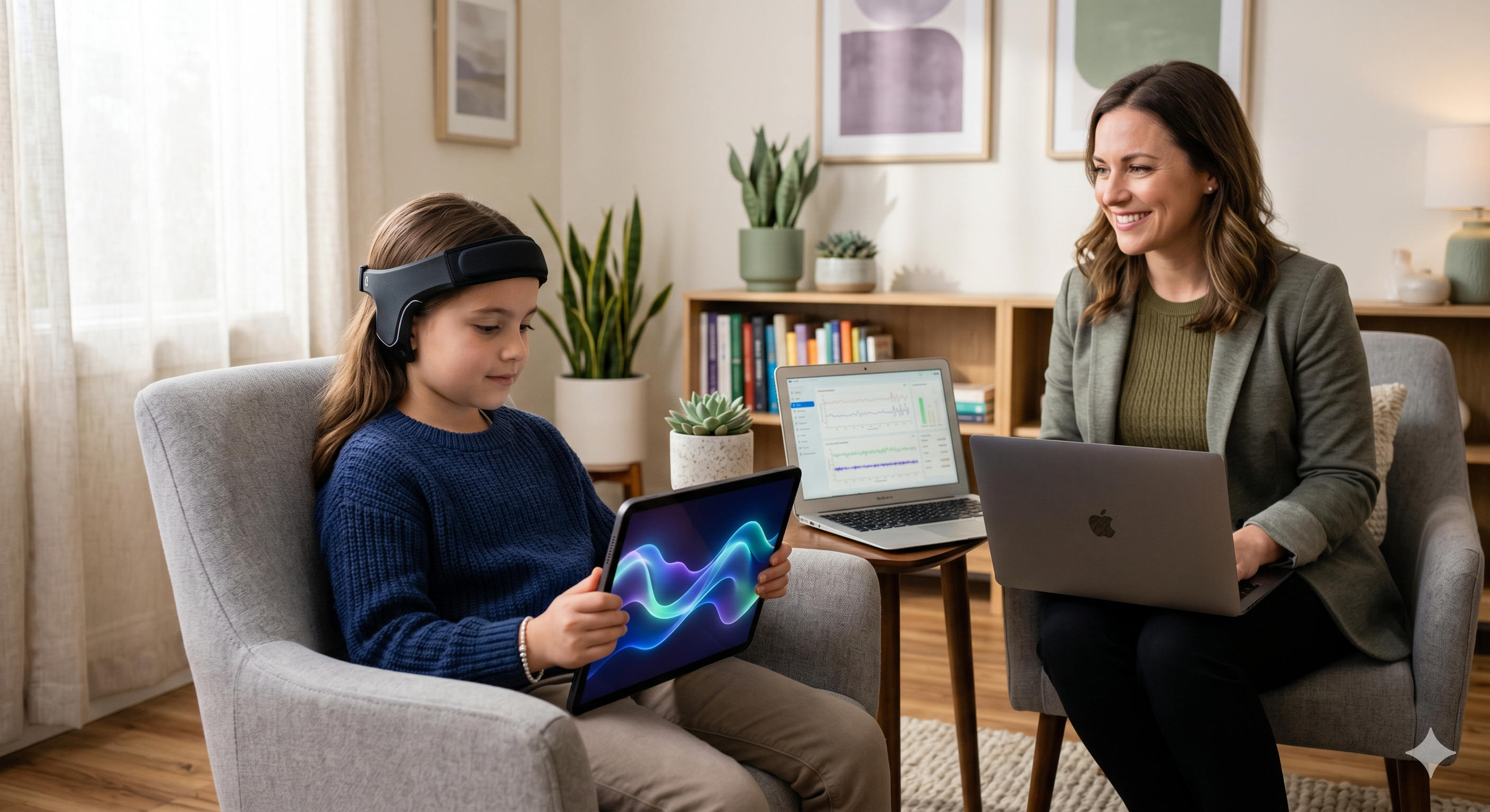 Psicóloga sonriendo a una niña en una sesión de neurofeedback